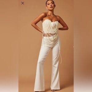 Elegant Cream Pant Set with Pearl Detailing